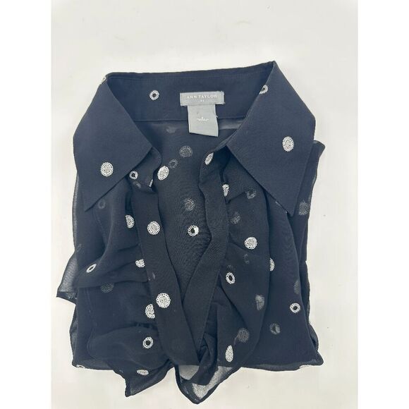 Ann Taylor Women’s Sheer Shirt Polka Dots Waist Accent & Ruffles Sz 2 B&W - Picture 4 of 7